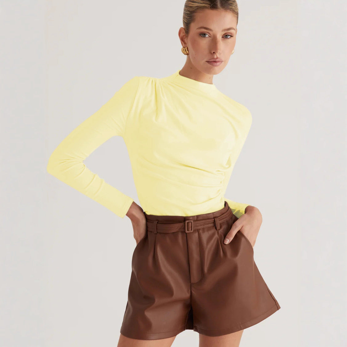 Women Clothing Office Sexy Pleated Small Turtleneck T shirt Sense Tight Long Sleeve Shoulder Solid Color Top