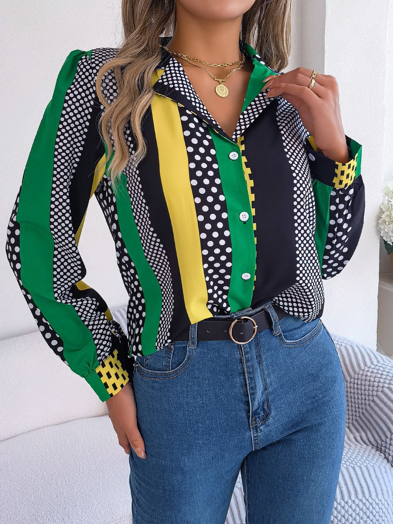 Autumn Winter Commuting Elegant Contrast Color Polka Dot Collar Long Sleeve Shirt Women Clothing