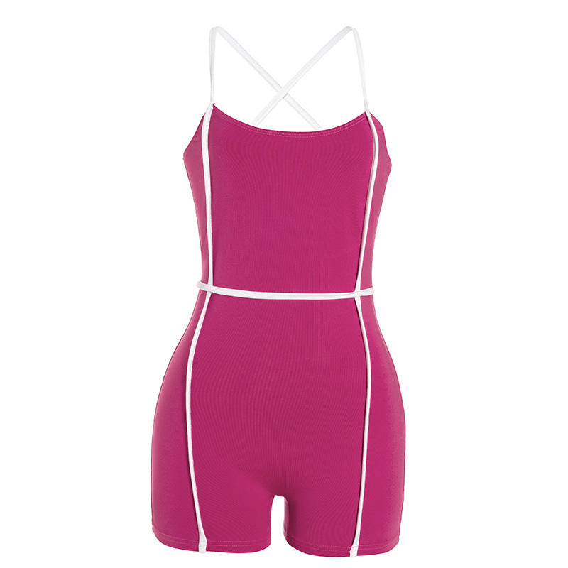 Cross Shoulder Strap Sleeveless Beauty Back Contrast Color Slim Fit High Waist Sports Jumpsuit