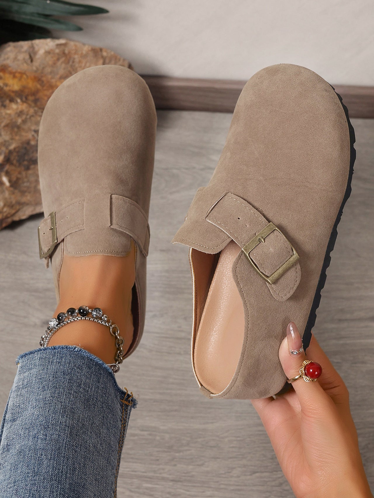 Belt Buckle Closed Toe Birkenstock Half Slippers Women Outer Wear French Slip on Thick Bottom Back Open Shoes
