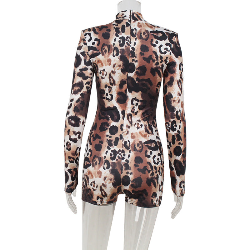 Women Long Sleeve Padded Shoulder Sexy Leopard Print Slim Fit Bodysuit Women