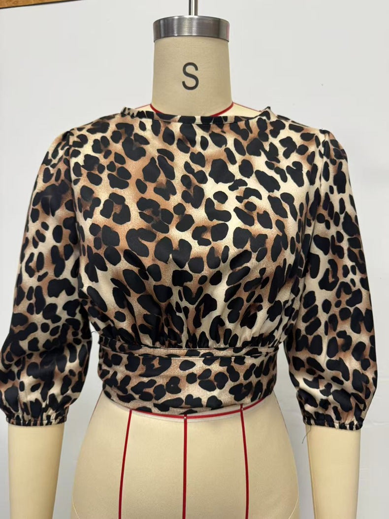 Women Clothing Fall Satin Satin Shirt Sexy Leopard Print Top Shirt