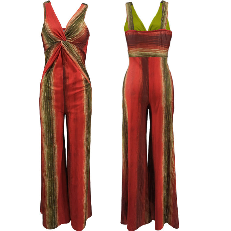 Shoulder Strap Sleeveless Deep V Plunge Sexy Tight Waist Slim Wide Leg Comfort Casual Loose Women Jumpsuit