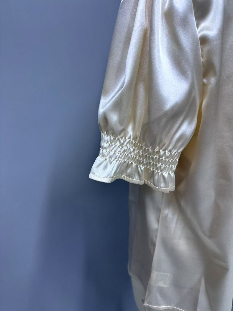 Satin V neck Buttons Shirt Spring Autumn French Casual Short Sleeve Ruffle Blouse
