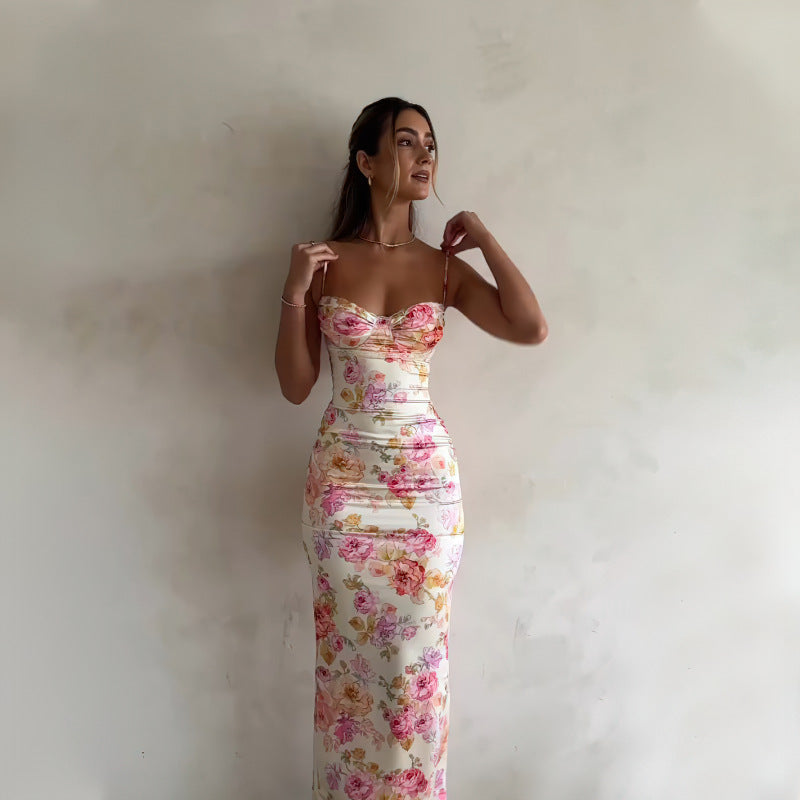 Women Clothing Summer Printing Slim Fit Backless Sling Dress