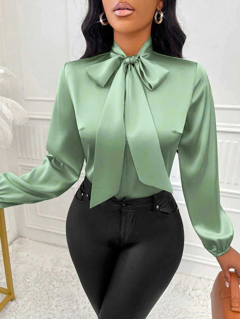 Women Clothing Autumn Satin Shirt Bow Long Sleeve Top