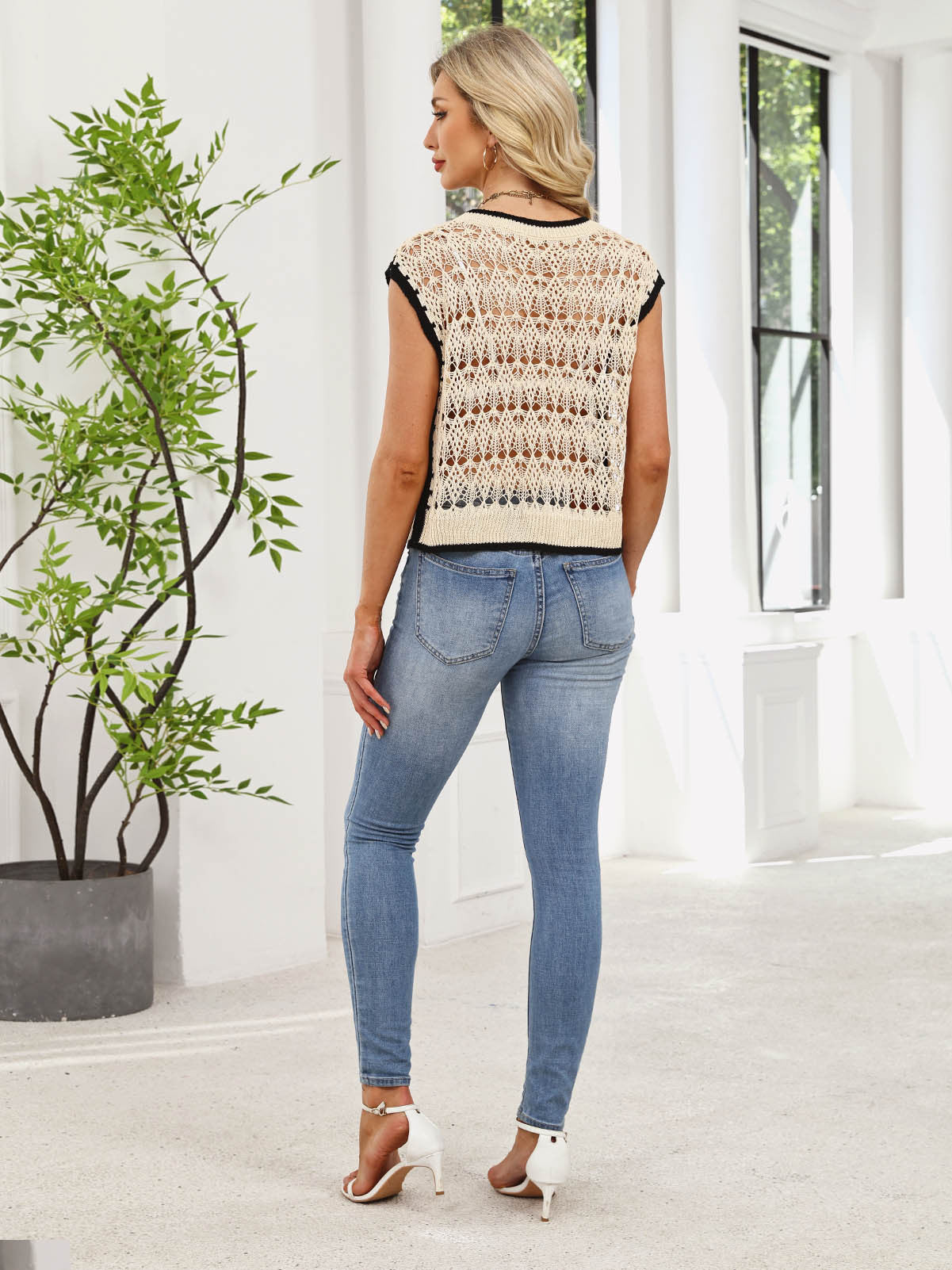 Spring Summer Cutout Blouse Office Sweater Vest Knitted Top