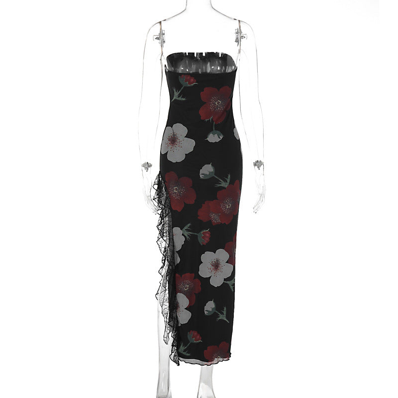 Women Clothing Summer Printed Lace Stitching Wrapped Chest Slim Fit Slit Dress Slimming