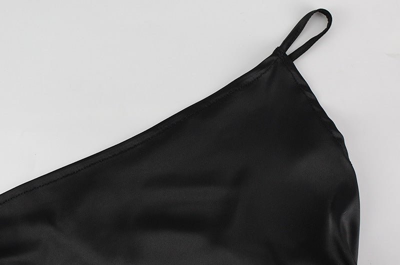 Women Slim Fit Elegant Diagonal Collar Strap Backless Solid Color Mop Evening Dress Women