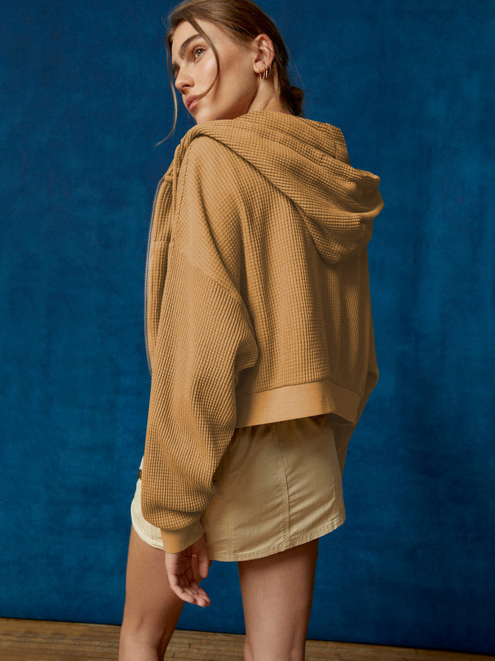 Autumn Casual Sweatshirt Women Slimming Hooded Zip Cardigan Waffle Solid Color Short Coat