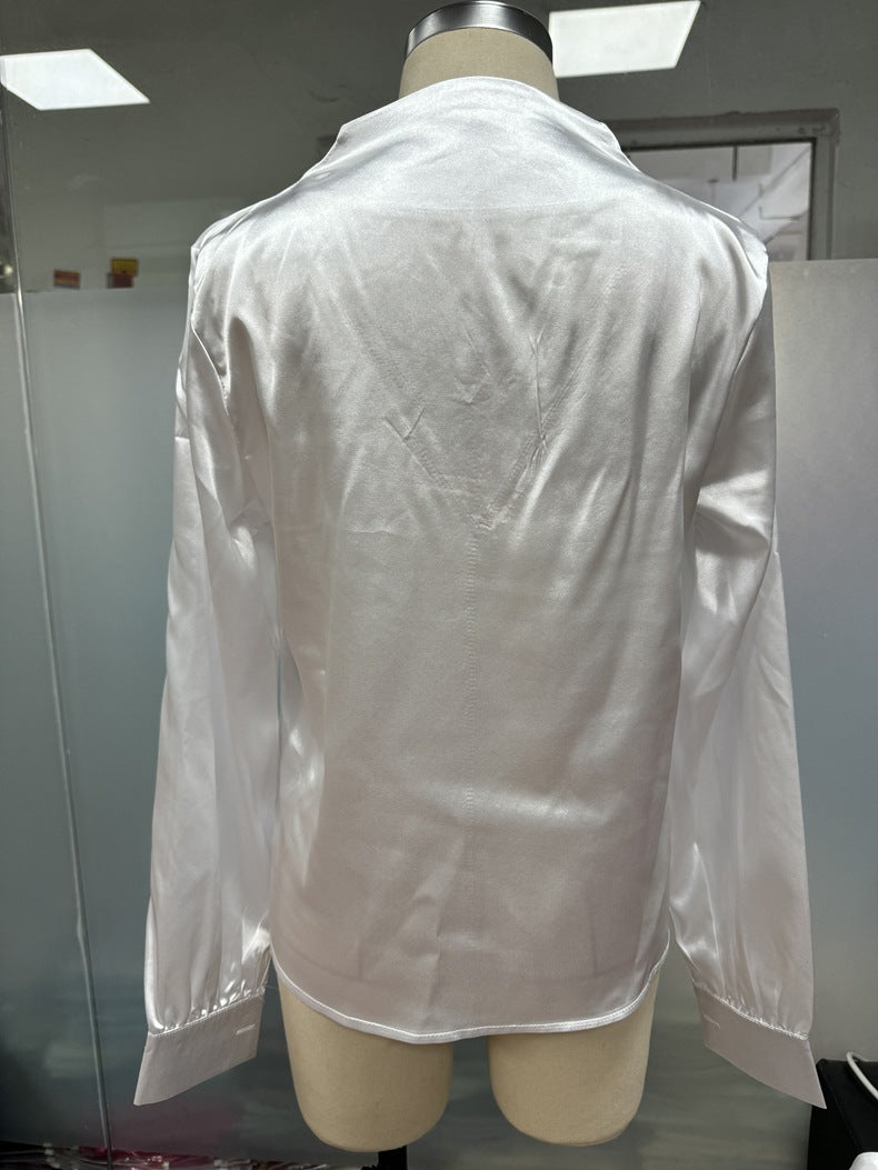 Women V neck Shirt Tops Fall Long Sleeve Satin Shirt