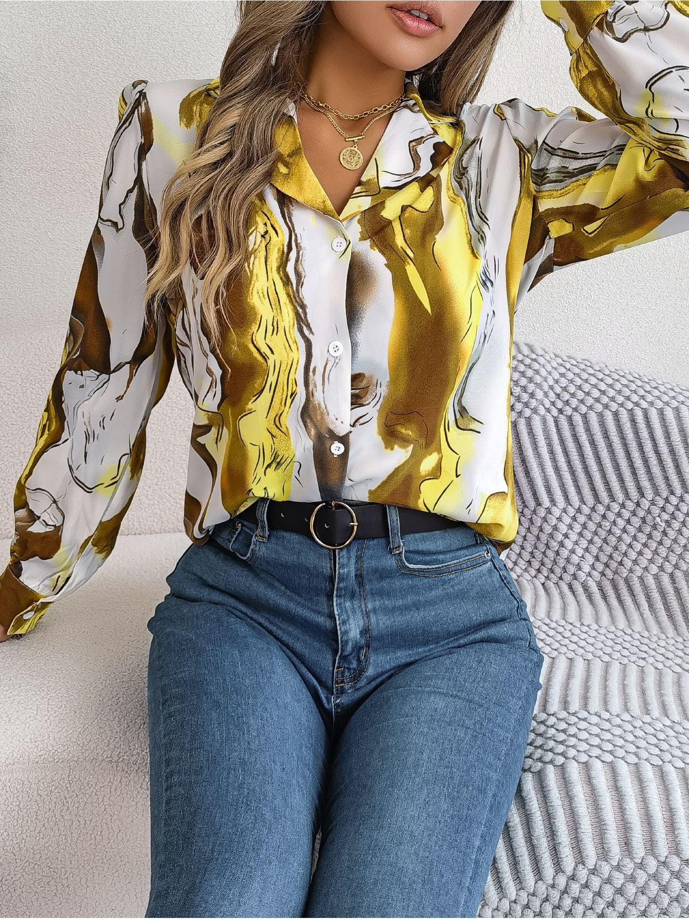 Autumn Winter Casual Contrast Color Striped Collar Long Sleeve Shirt Women Clothing