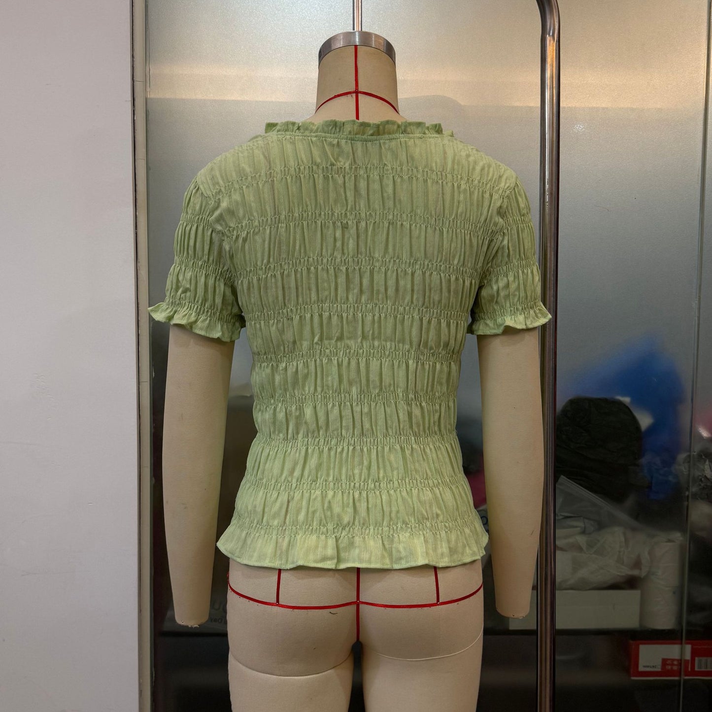 Women Clothes Solid Color Grid Casual All Matching Slim Fit Fitted Waist Pleated Cropped Short Sleeved Top