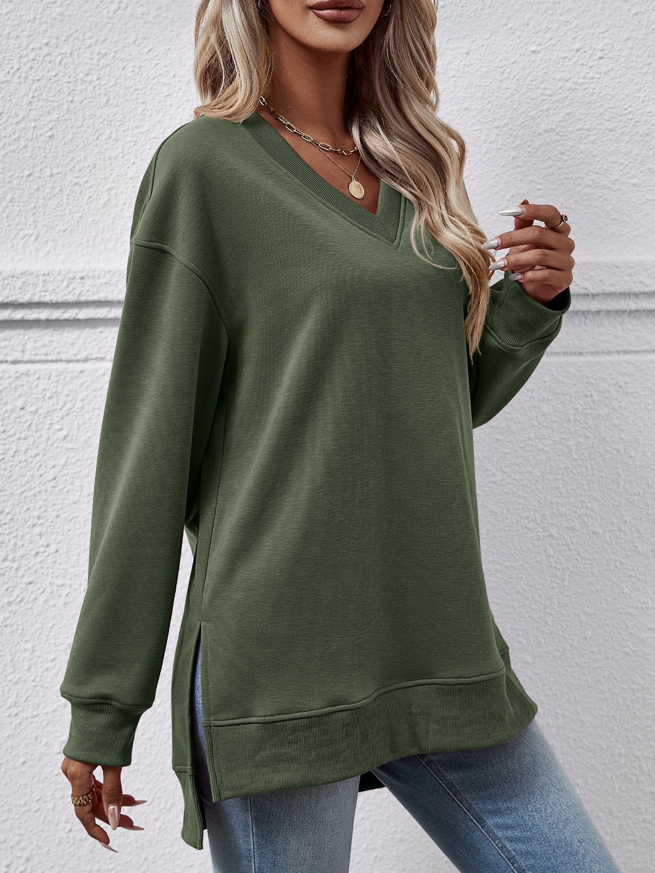 Autumn Winter Women Clothing Sweatshirt Solid Color V Neck Split Front Short Back Long Blouse
