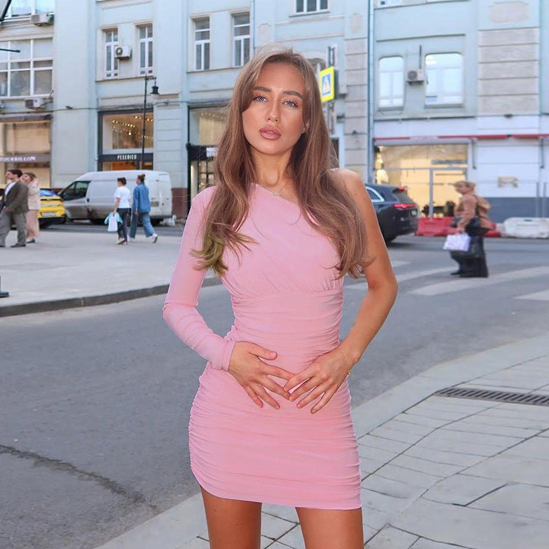 One Shoulder Sexy Backless Long Sleeves Slim Fit Dress Women Sexy Hip Dress