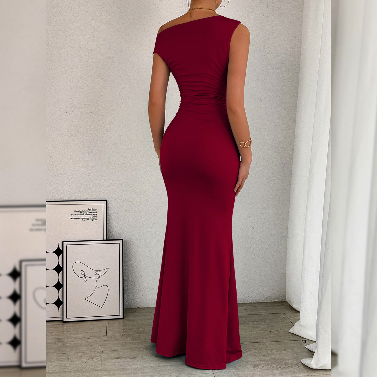 Women Fishtail Dress Slant Shoulder Collar Waist Pleated Sleeveless Sexy Dress