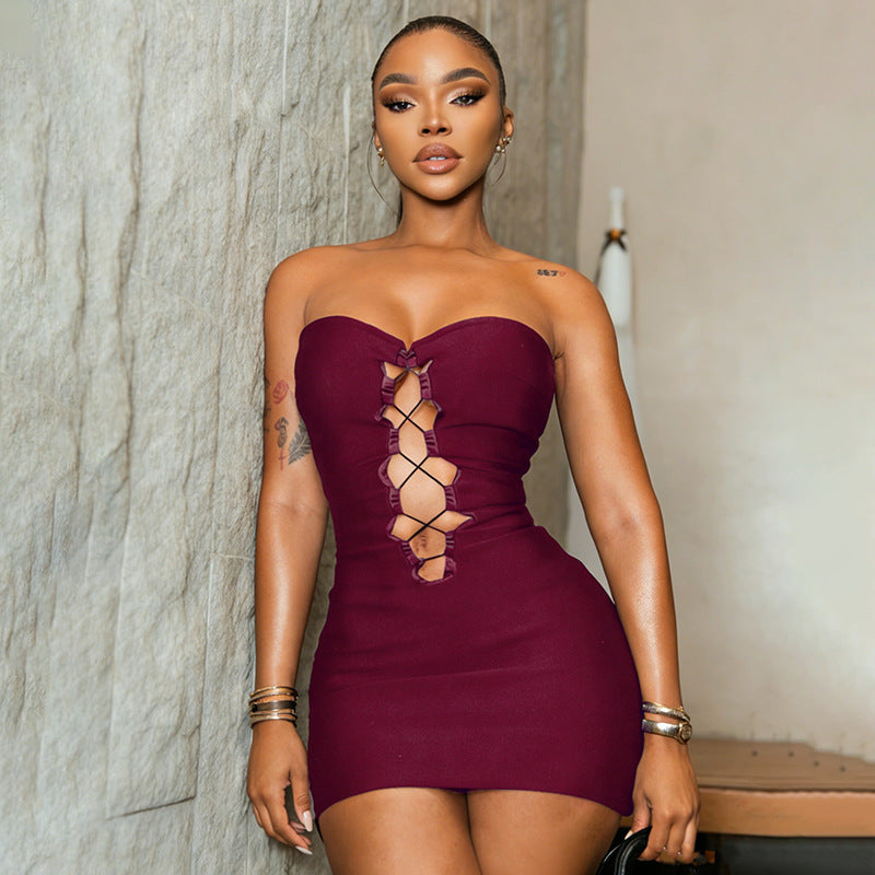 Women Clothing Summer Solid Color Sexy Slim Tube Top Strap Sleeveless Mini Short Dress