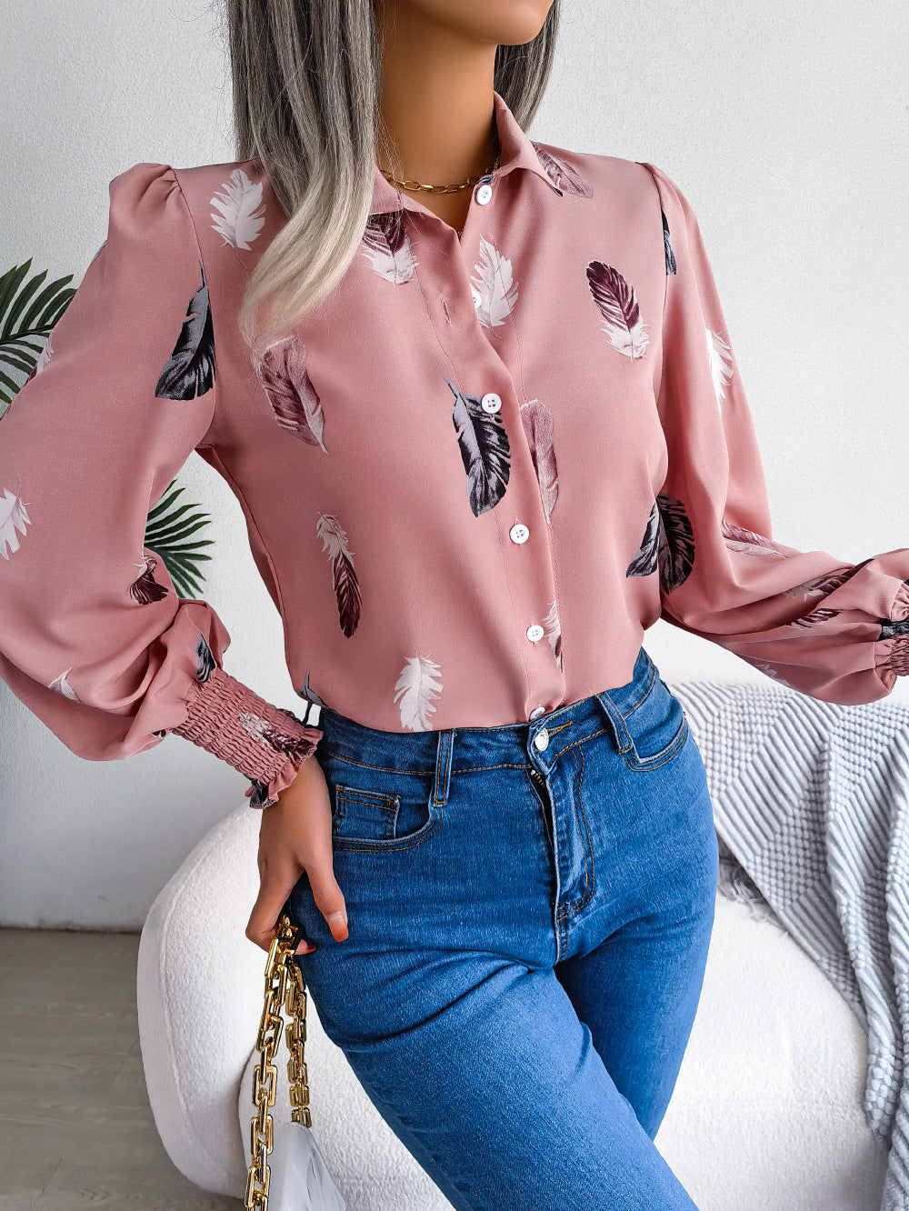 Spring Summer Elegant Feather Lantern Sleeve Collared Shirt Women Clothing