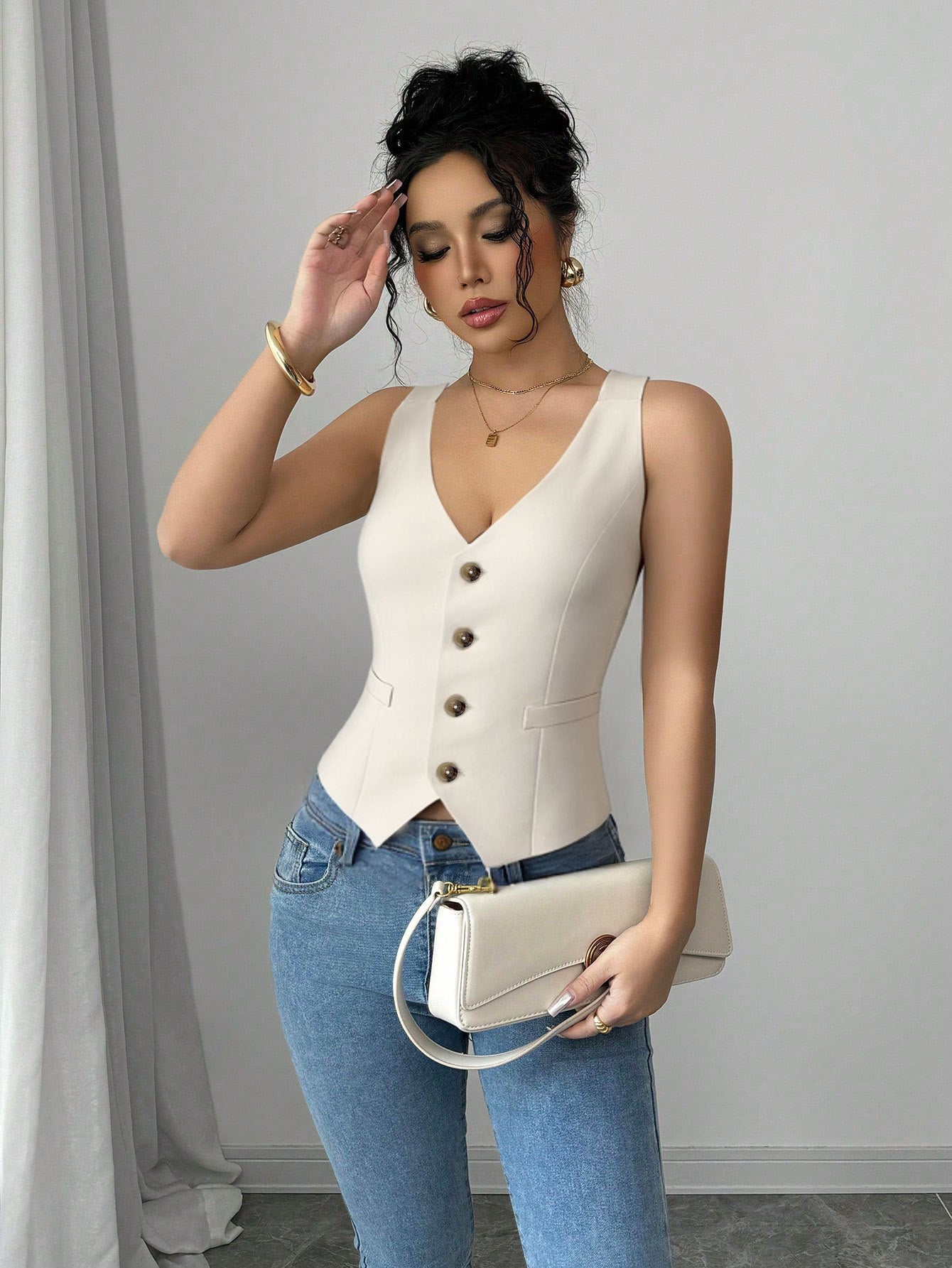Women Clothing Single Breasted Blazers Vest Retro Sexy Short V neck Top