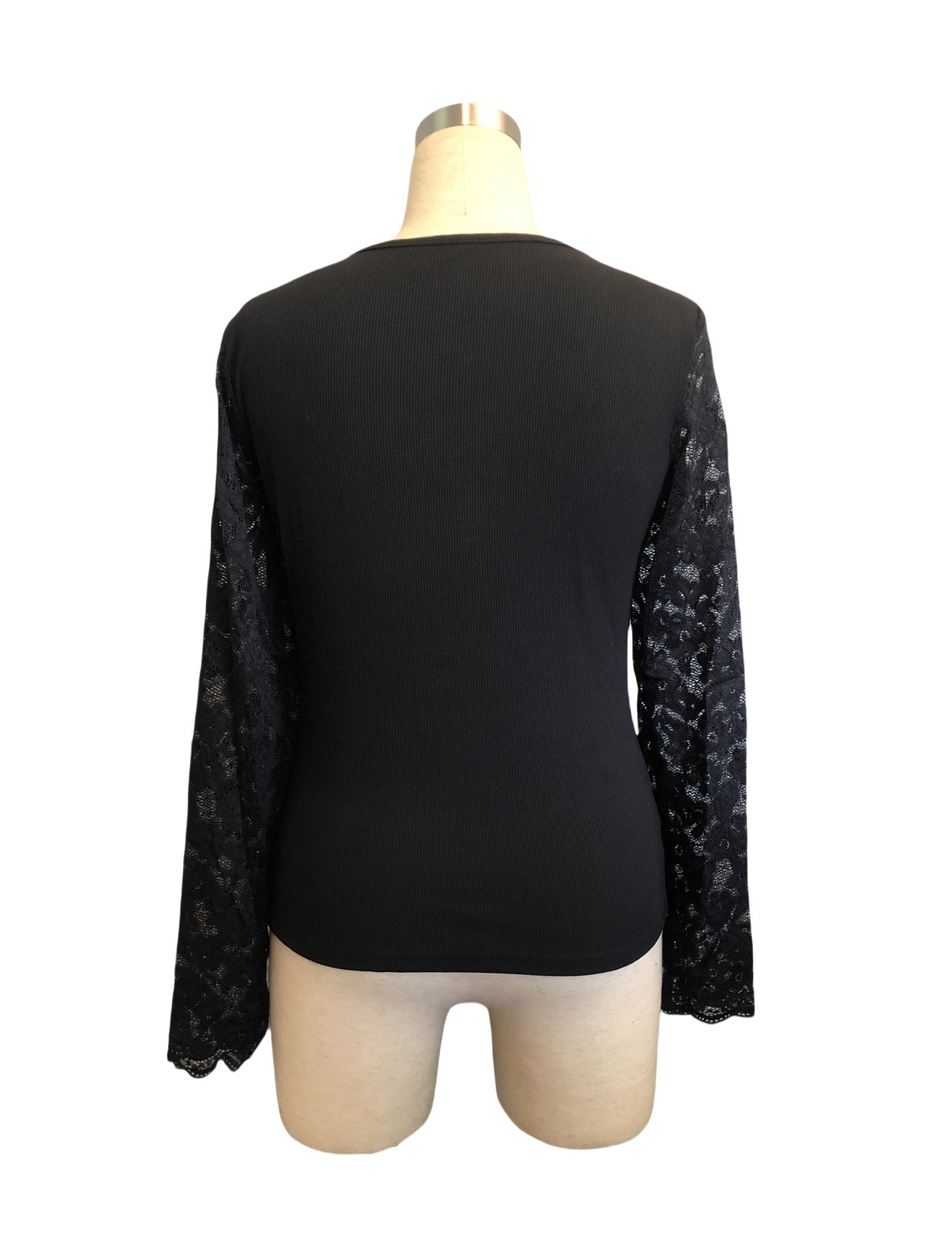 Fan Shaped V neck Lace Slim Fit Patchwork Slimming T shirt Long Sleeve Top for Women