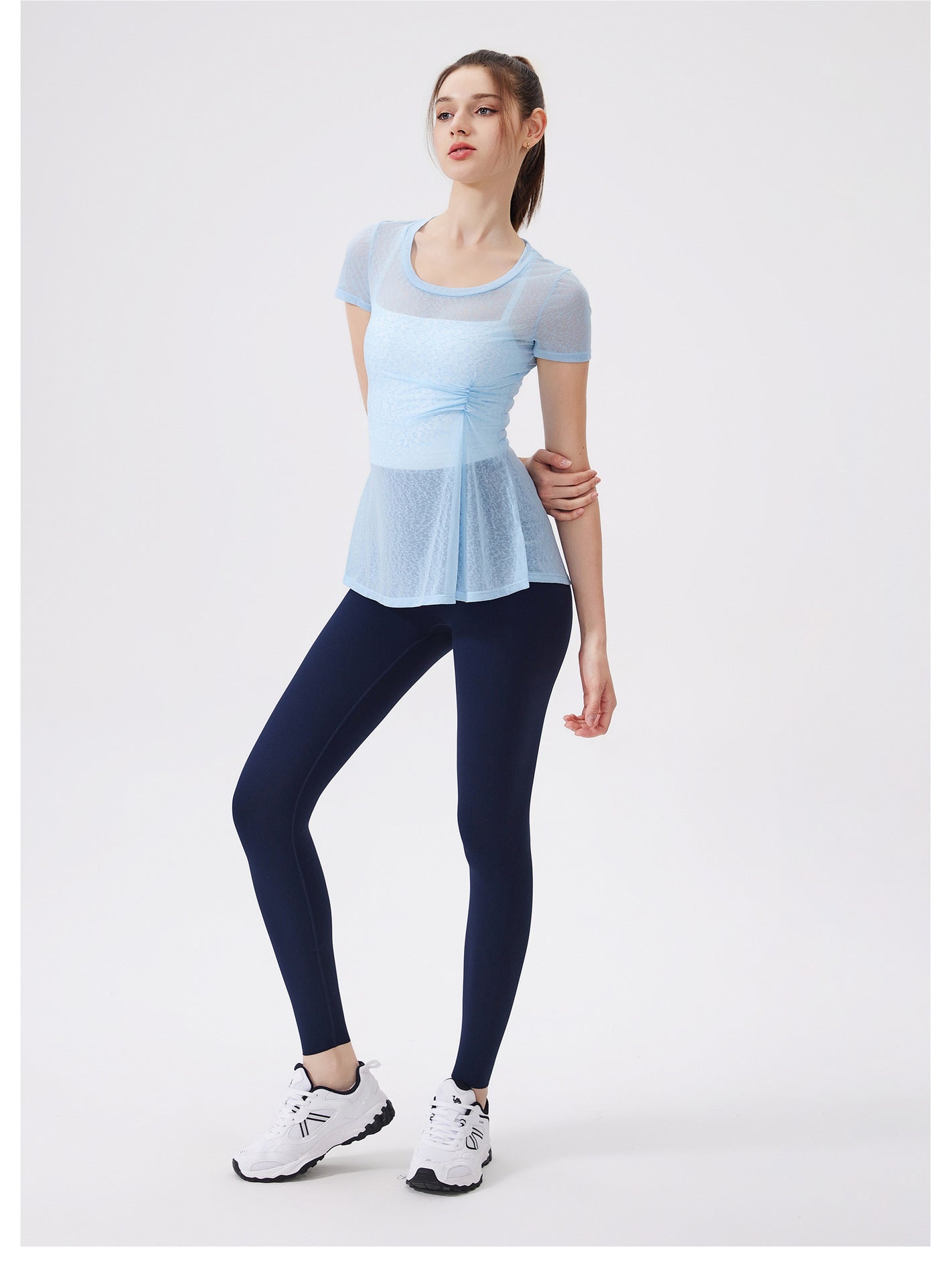Thin Short Sleeve Slim Fit Breathable Yoga Blouse round Neck Mid Length Waist Fitness Clothes Yoga Clothes Workout Top