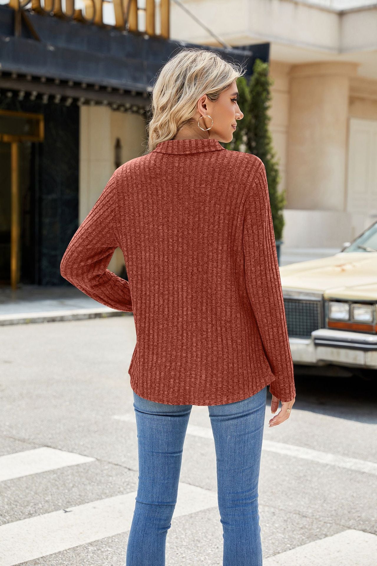 Autumn Winter Solid Color Polo Collar Pocket Long Sleeve Loose Fitting T Shirt Top Women