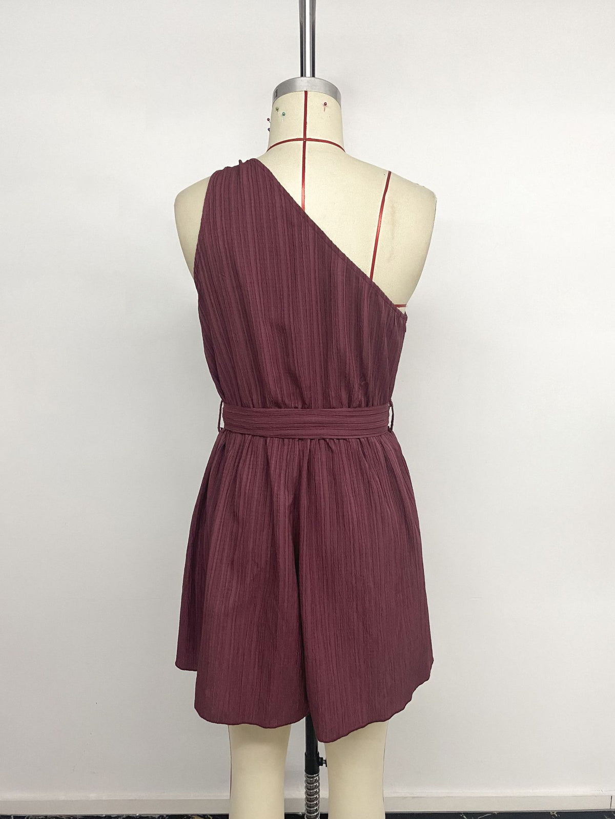 Casual Vacation Texture Solid Color One Shoulder Lace up Jumpsuit