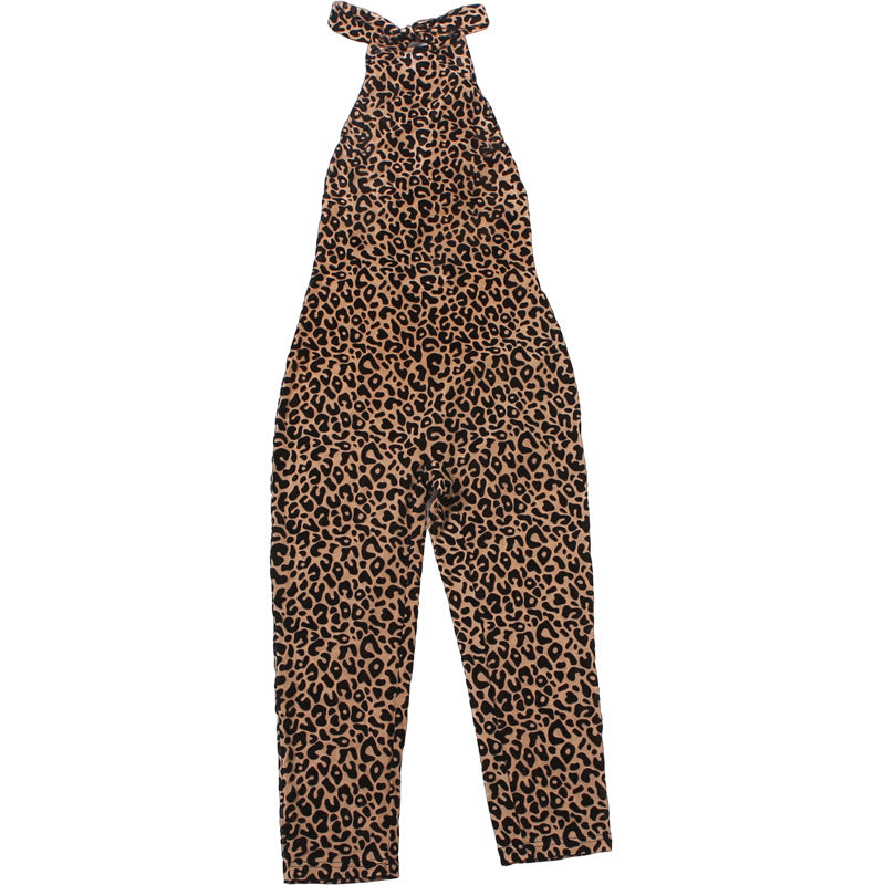 Autumn Winter Women Sexy Leopard Print Halter Strap Backless Slim Fit Cropped Jumpsuit