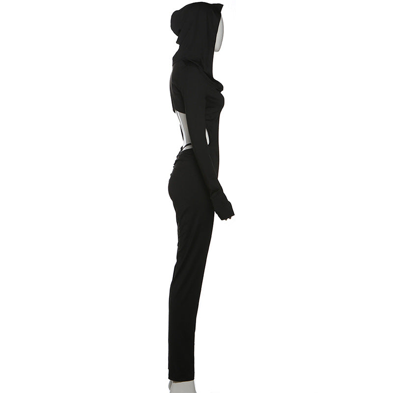 Women Clothing Autumn Sexy Backless Hooded Long Sleeve Solid Color Hip Raise Skinny Jumpsuit