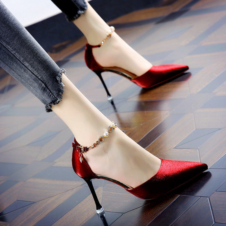 High Heels Spring French Joker Stiletto Internet Celebrity Pointed Toe Buckle Strap Red Sandals