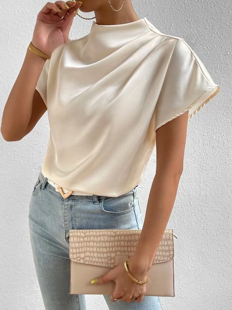 Round Neck Short Sleeve Left Shoulder Pleated T shirt Satin Women Top