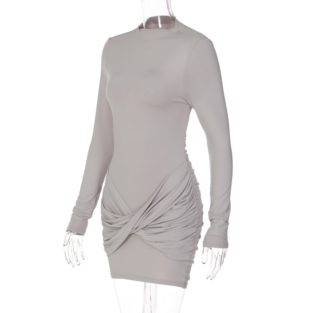 Women Clothing Solid Color Long Sleeve round Neck Pleated Slim Fit Backless Dress for Women