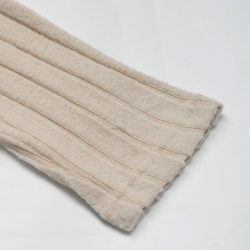 Autumn Winter Brushed Sunken Stripe Knitted Dress Long Sleeve Dress Pleating Stitching Dress