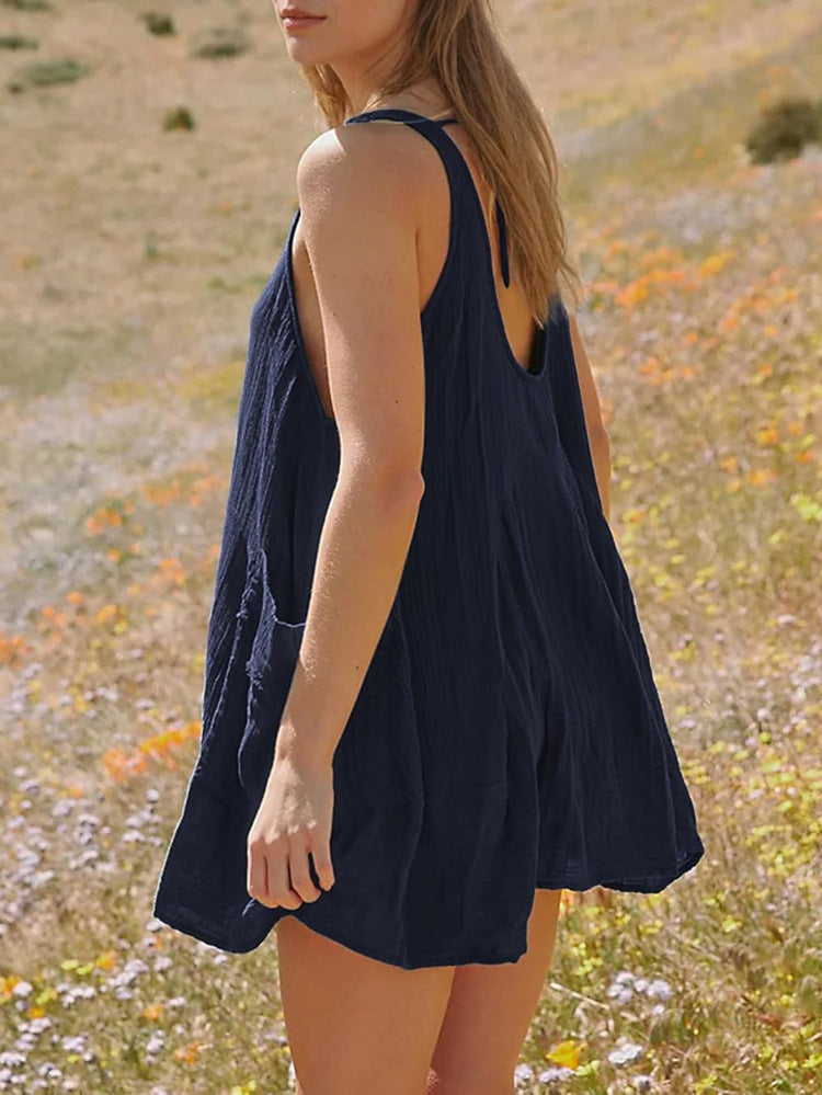 Spring Summer Casual Vacation Solid Color Patchwork Pocket Vest Dress Women Clothing
