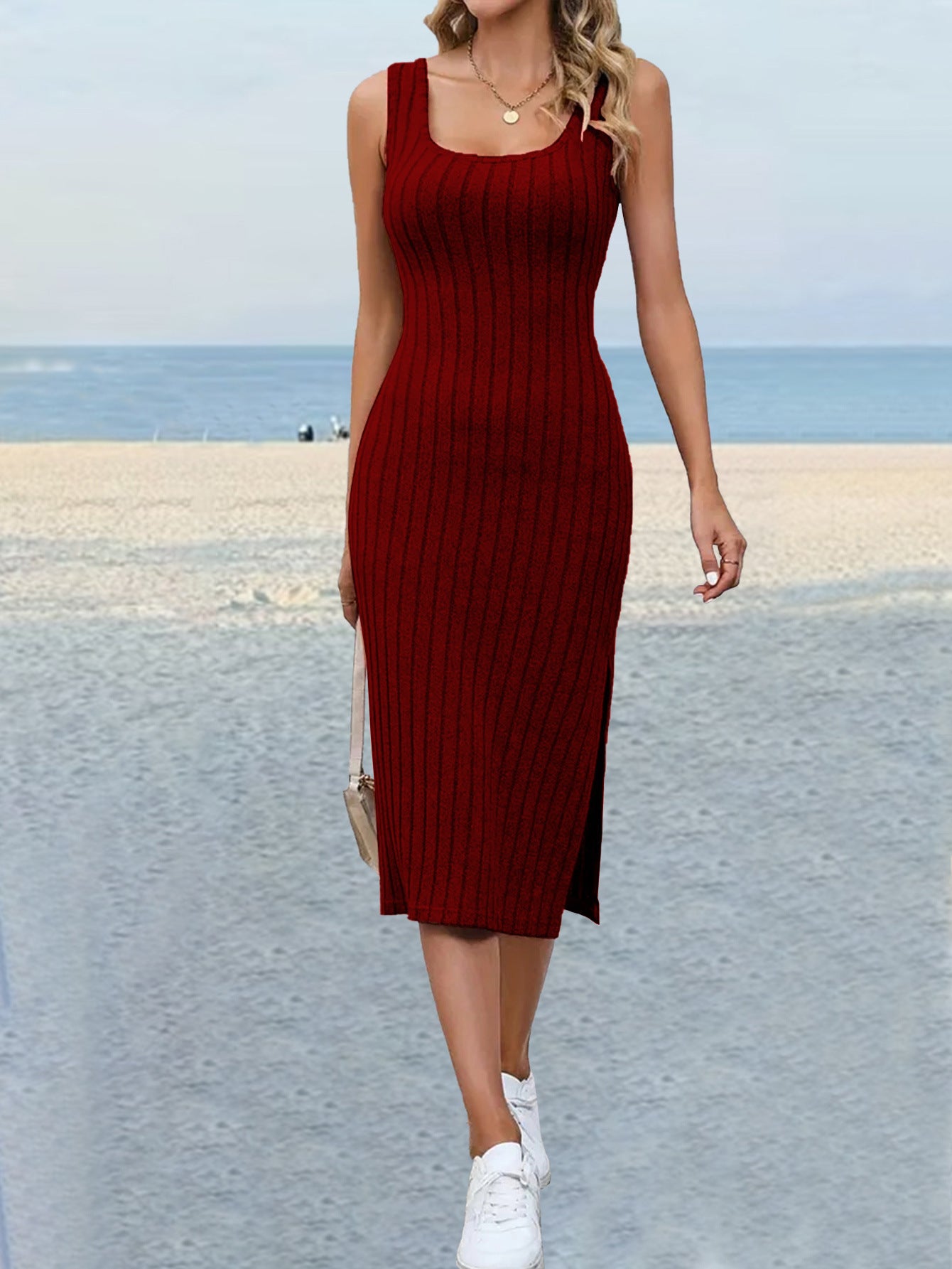 Sexy Sunken Stripe Design Side Slit Slim Slimming Dress
