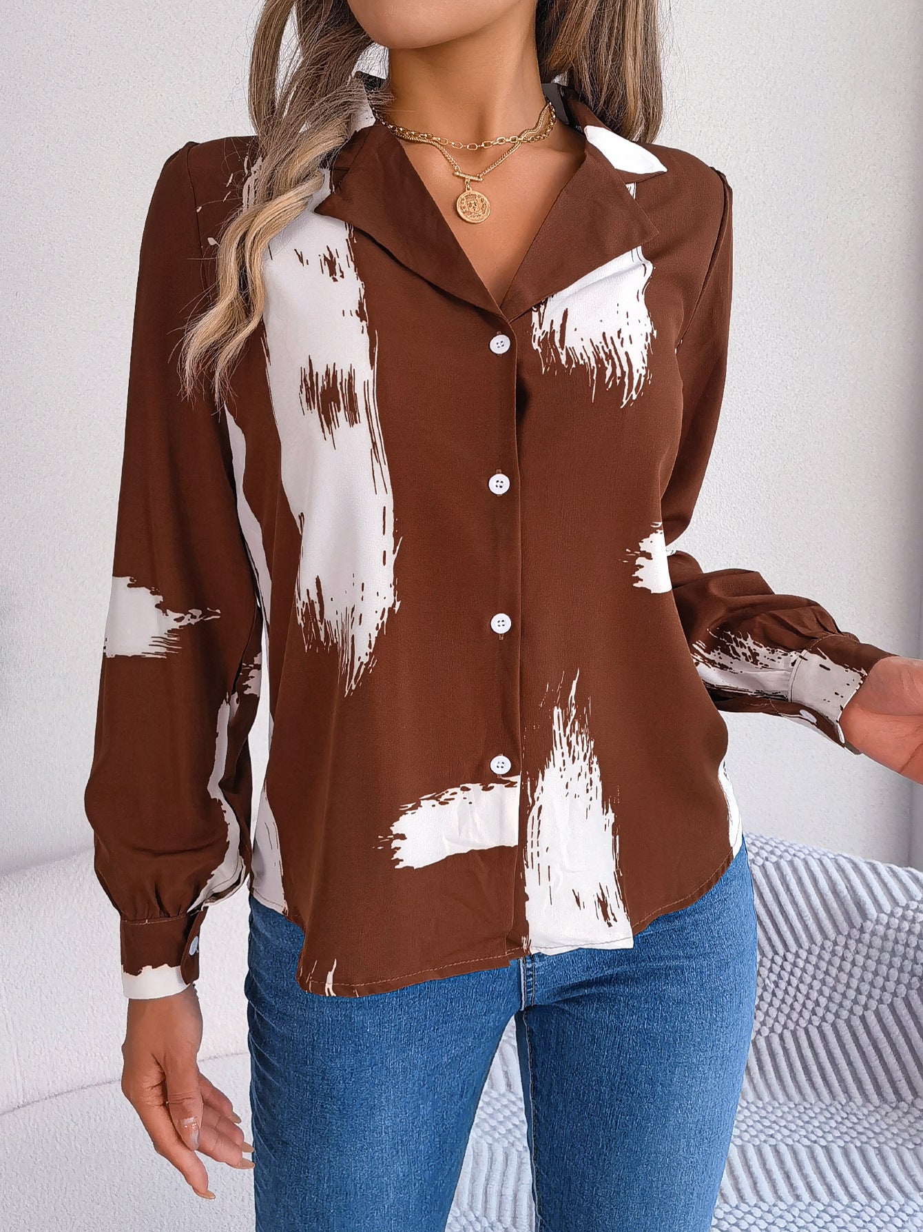 Autumn Winter Contrast Color Striped Collar Long Sleeve Shirt Women Clothing