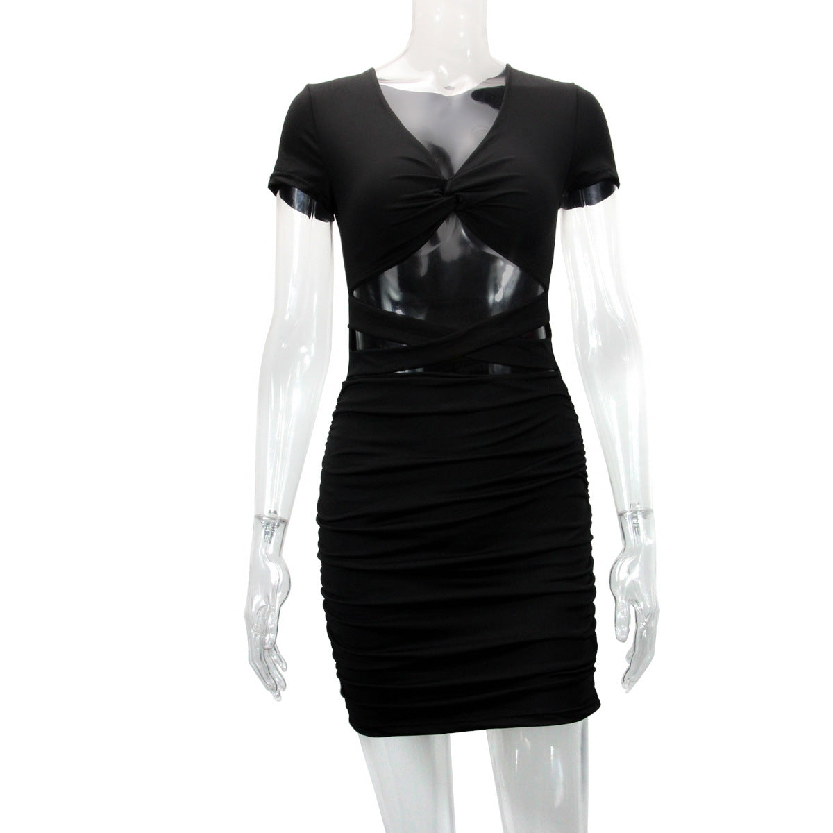 Autumn Winter Women Hip Dress Sexy V Neck Hollow Out Cutout Ties Pleated Dress