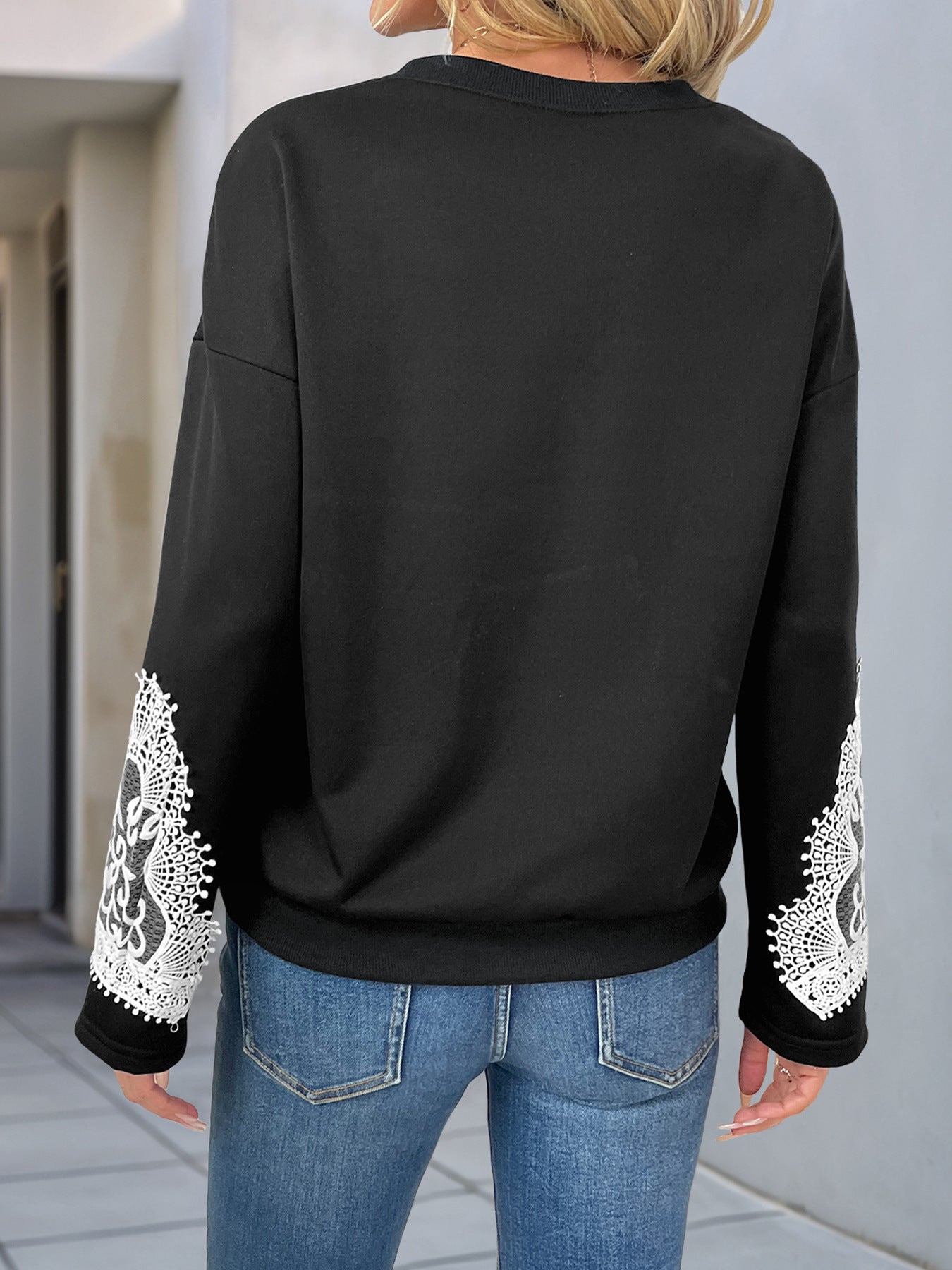 Autumn Pullover Top Women Lace Stitching Casual round Neck Sweatshirts