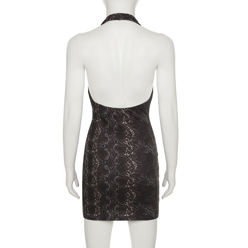 Metallic Glossy Features Swing Collar Sleeveless Halter Dress Backless Sheath Sexy Dress