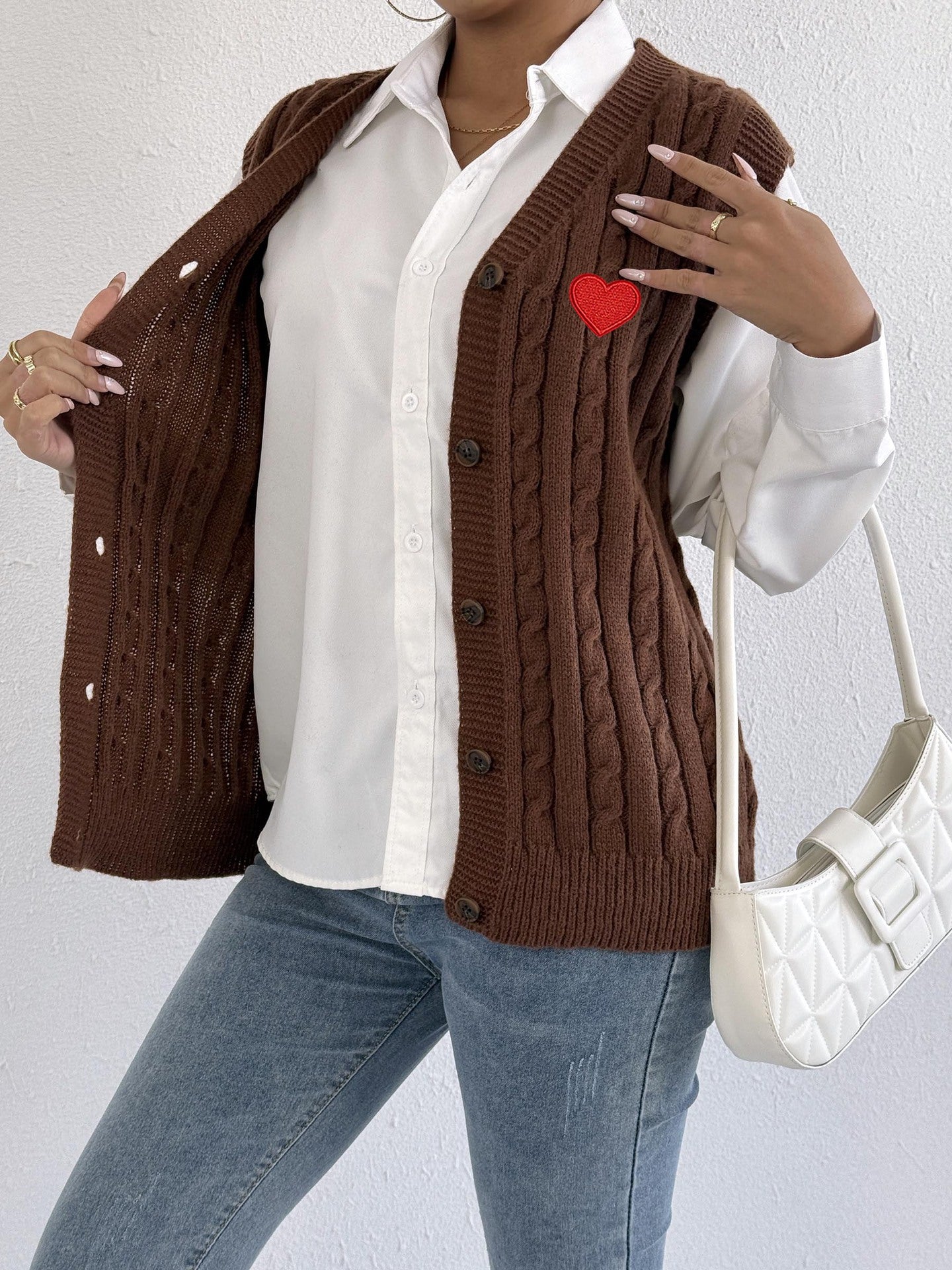 Women Knitted Cardigan Autumn Winter Casual Outerwear Vest Twist Woven Sweater Three Dimensional Floral Stitching Vest