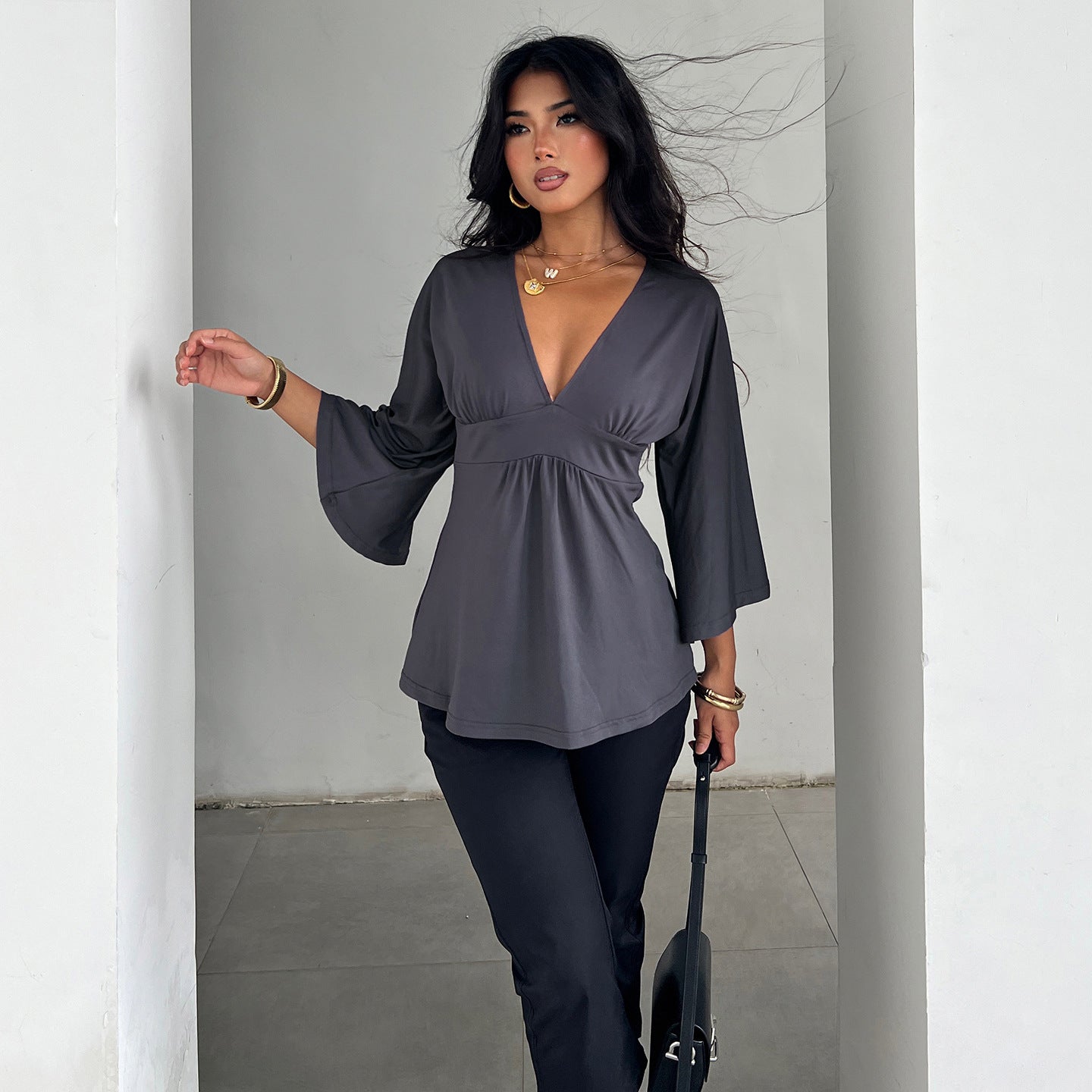 Sexy V neck Solid Color Draping Half Sleeve T shirt Women Bell Sleeve Waist Controlled a Swing Top