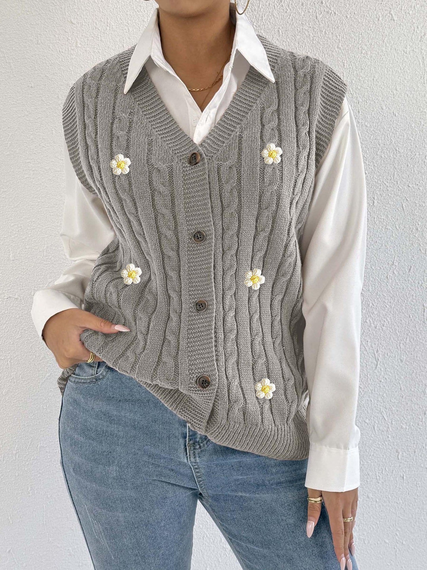 Women Knitted Cardigan Autumn Winter Women Clothing Casual Outerwear Vest Twist Woven Sweater Three Dimensional Floral Stitching Vest
