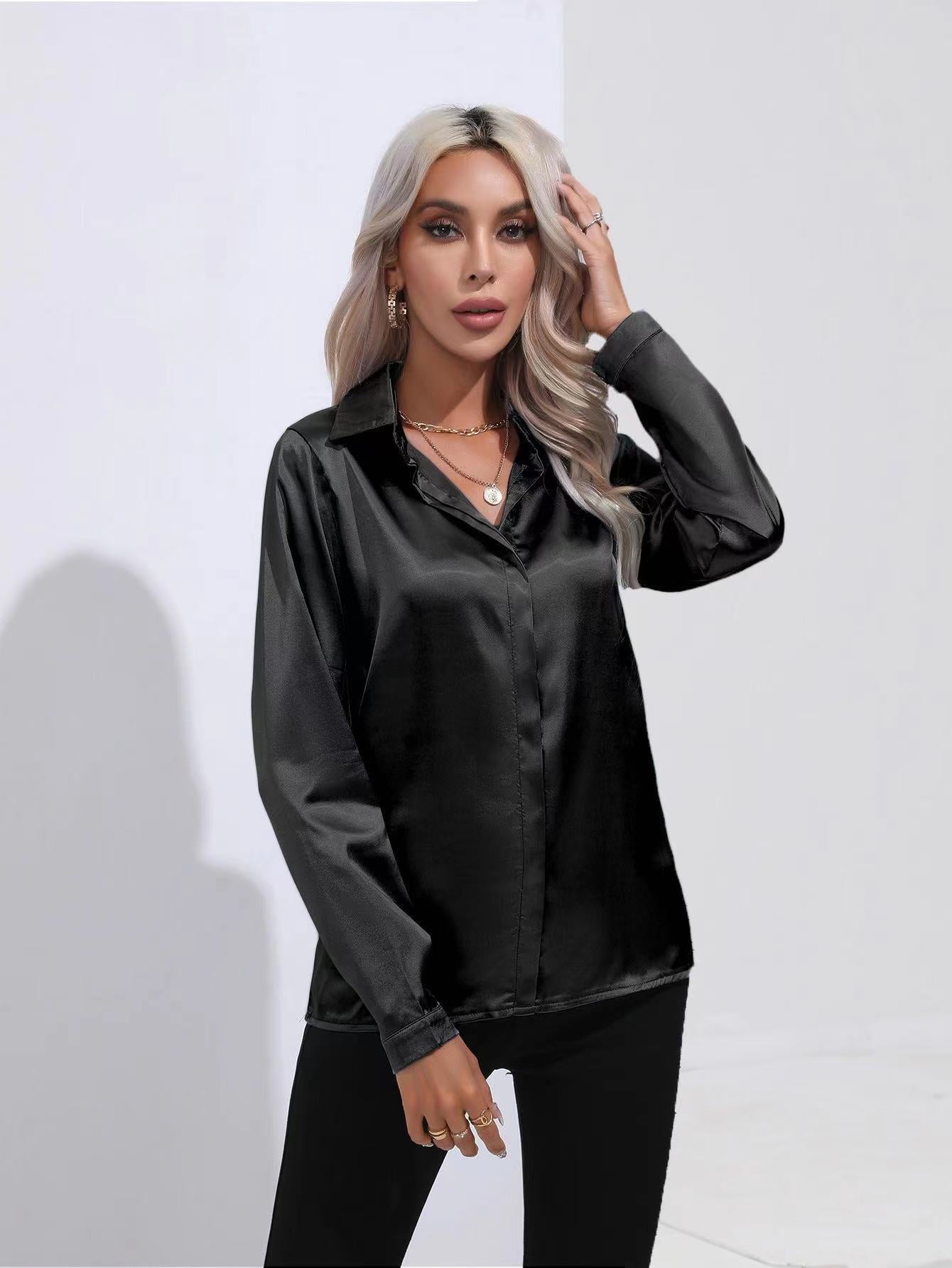 One Button Satin Shirt Office Long Sleeve Shirt Spring Summer Loose Top Women Clothing