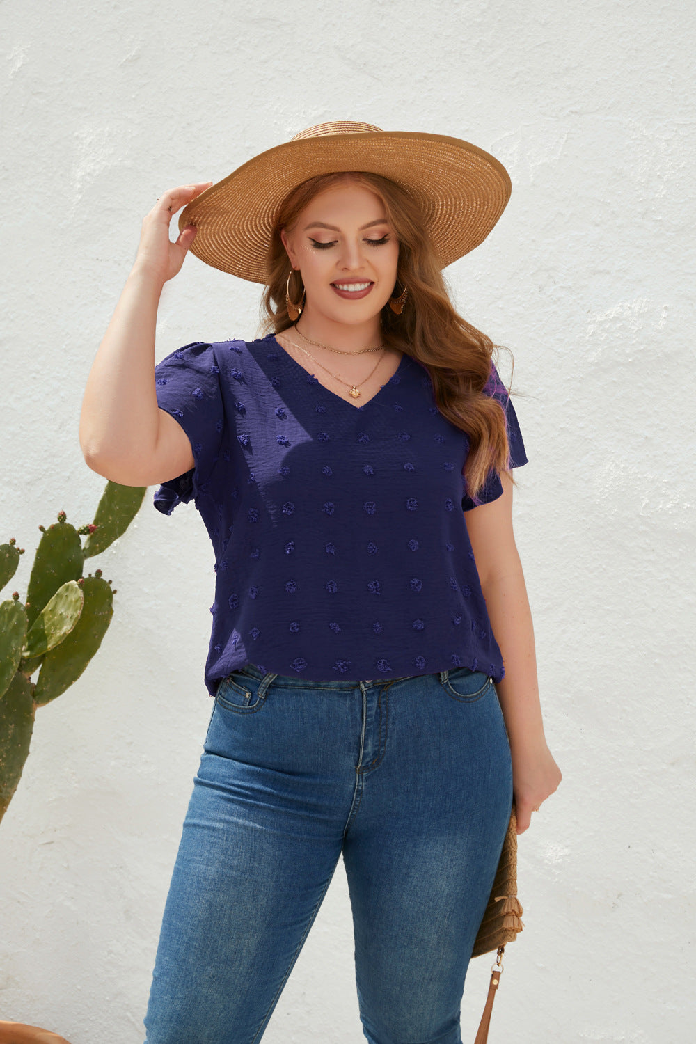 Plus Size Loose Fitting Casual T shirt Spring Summer Women Clothing V neck Fur Ball Short Sleeve Office Top