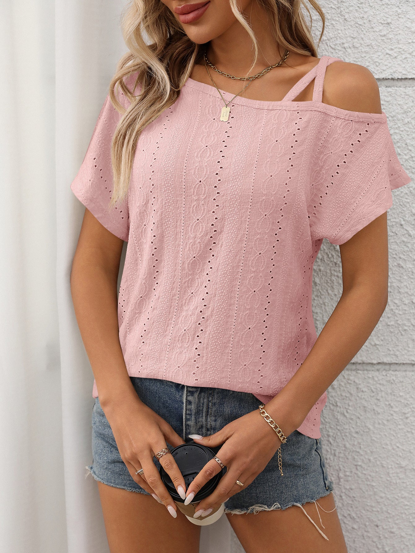 Summer Women Clothing Solid Color One Shoulder Short Sleeved T shirt Hollow Out Cutout out Top Women