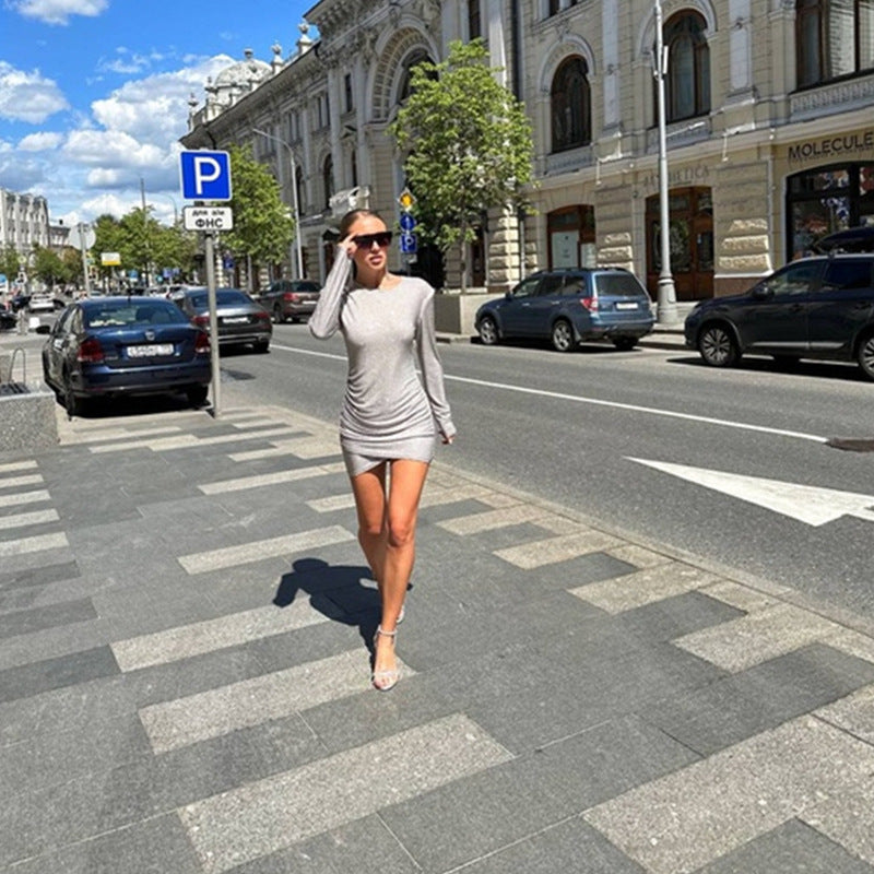 Women Clothing Sexy Round Neck Long Sleeve Sequ Dress Irregular Asymmetric Dress Sheath Short Dress Women