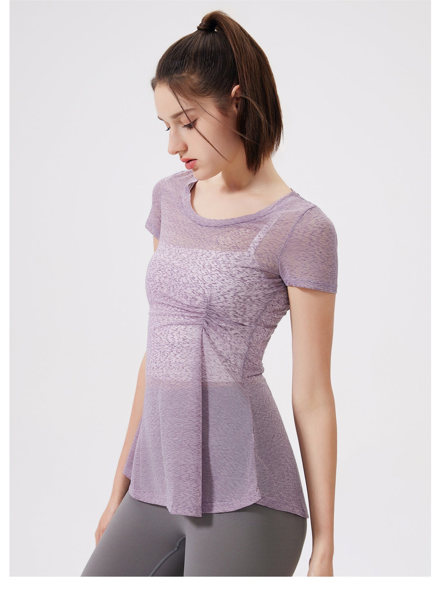 Thin Short Sleeve Slim Fit Breathable Yoga Blouse round Neck Mid Length Waist Fitness Clothes Yoga Clothes Workout Top