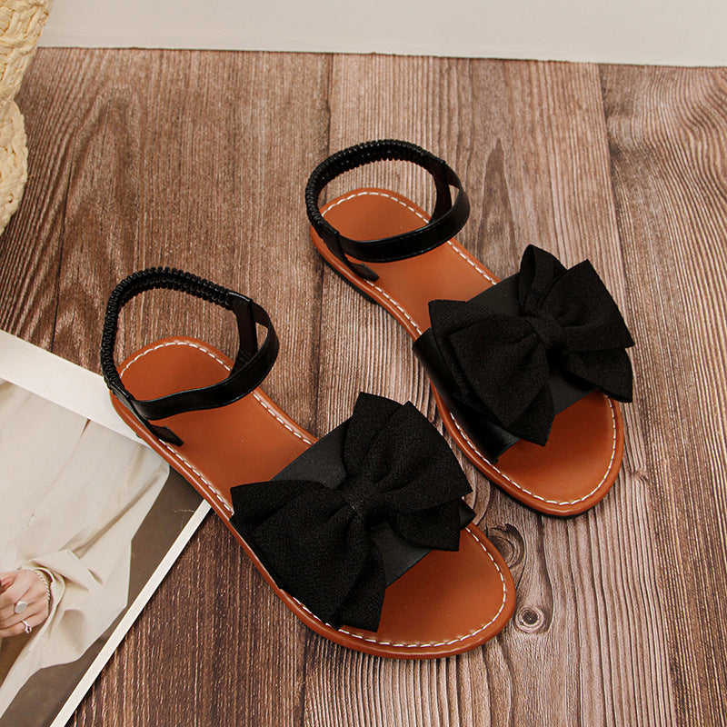 Bow Open Toe Flat Sandals Women Back Empty Elastic Band Casual Beach Sandals