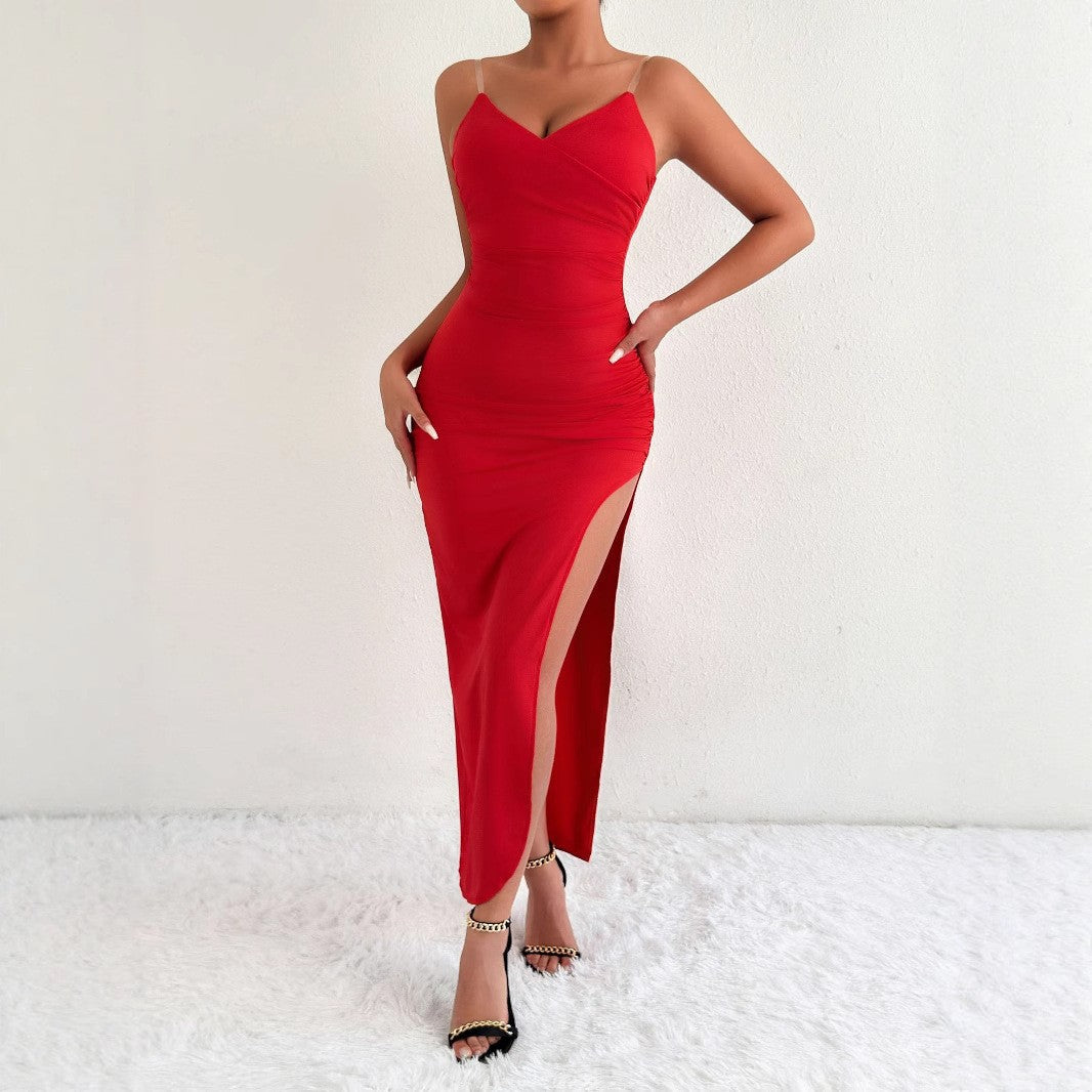 V neck Sexy Slim Fit Backless Split Sling Jumpsuit Long Sleeveless Dress