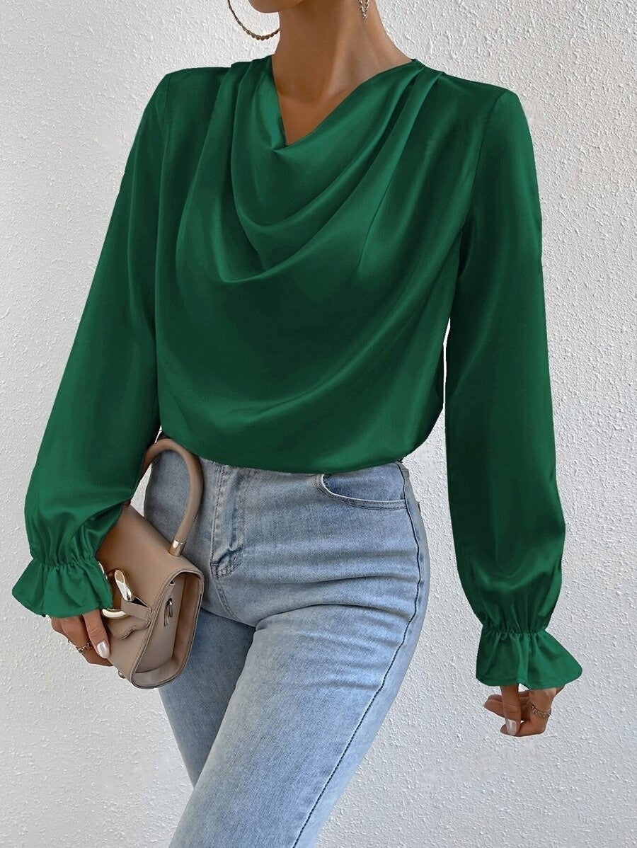 Women Clothing Ruffled Sleeve Satin Shirt Autumn Arrival Long Sleeve Satin Shirt
